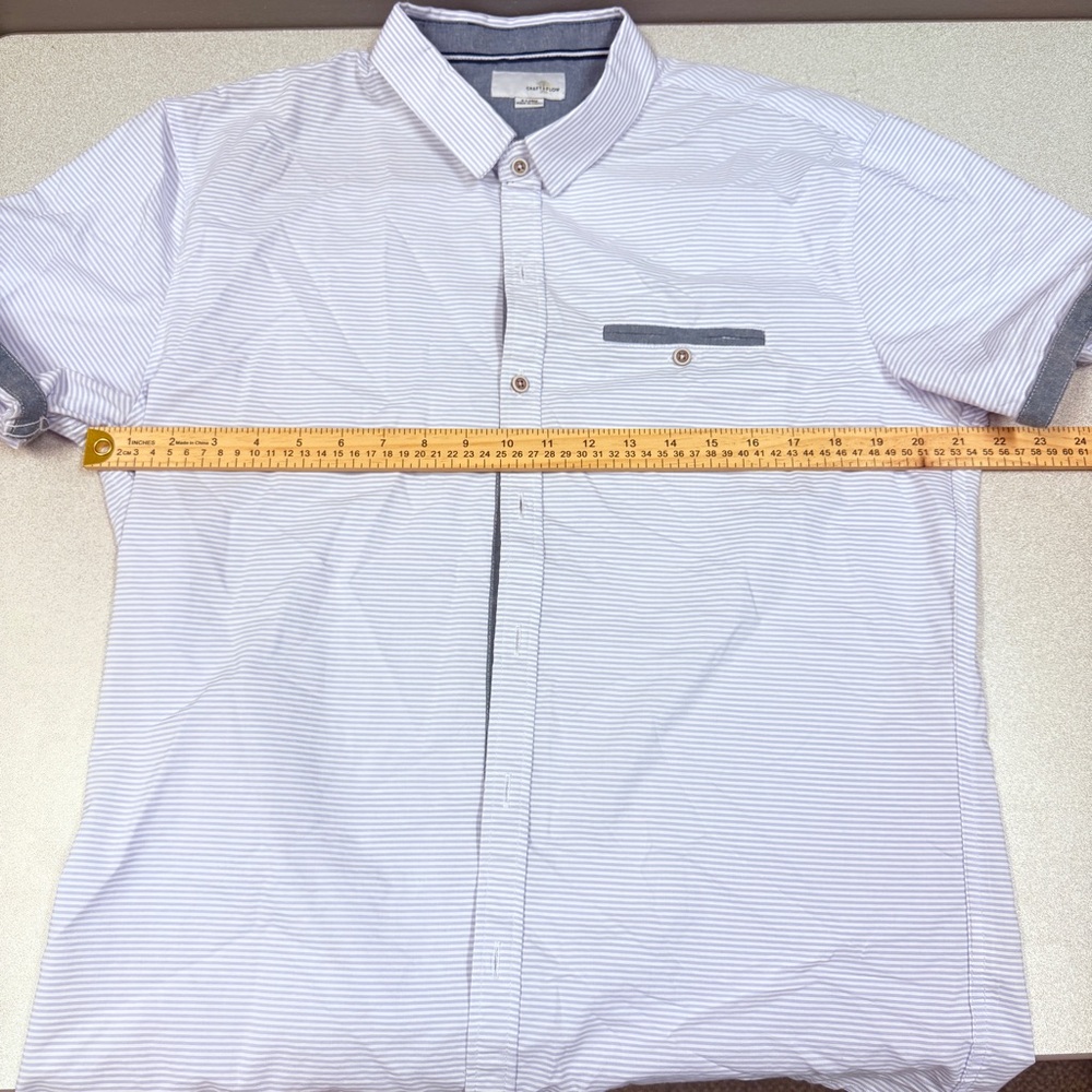Craft + Flow Mens XL Blue White Striped Short Sleeve‎ Button Down Chambray Trim
